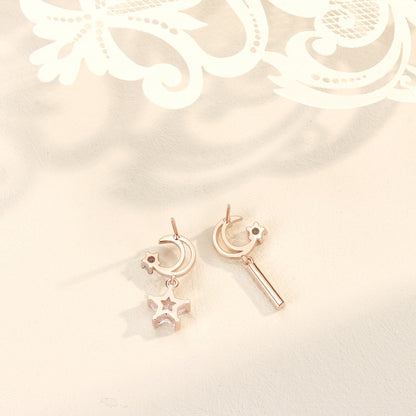 Women's Sterling Silver Rose Gold Plated Star And Moon Tassel Stud Earrings-Jewearrings