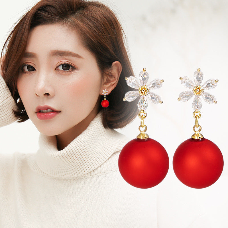 Short Festive Red Pearl Frosted Bead Earrings-Jewearrings