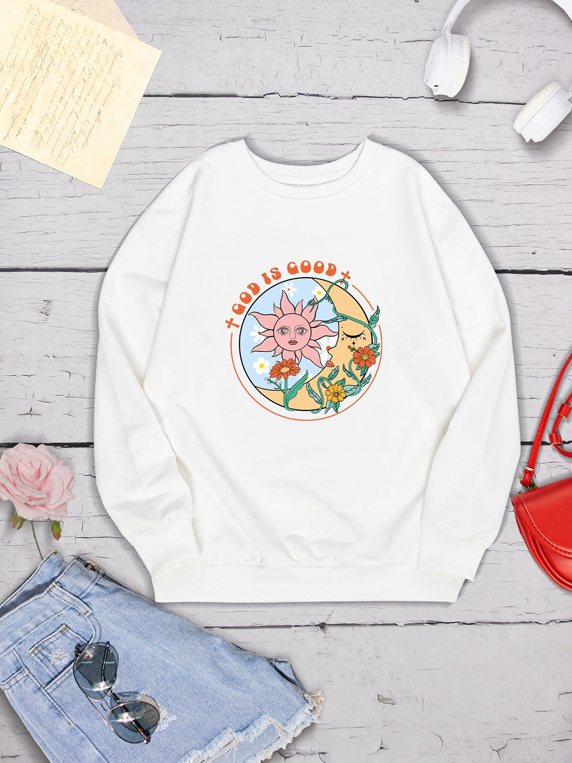 Graphic Round Neck Dropped Shoulder Sweatshirt-Jewearrings