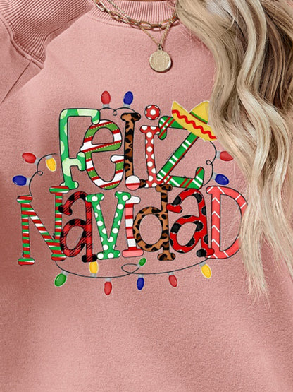 FELIZ NAVIDAD Round Neck Drop Shoulder Sweatshirt-Jewearrings