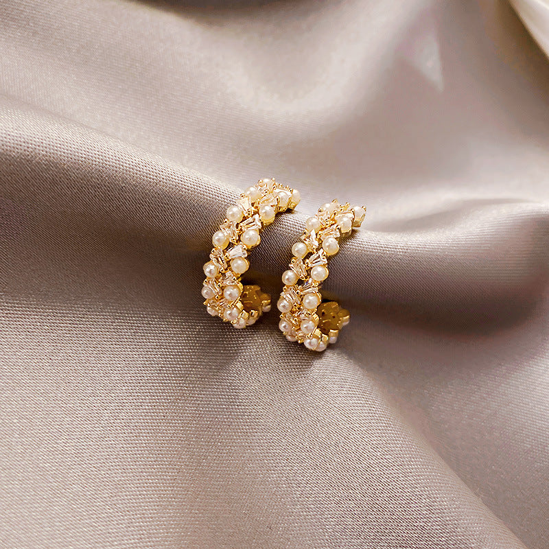 Pearl C-shaped Earrings Female Zircon Micro-set-Jewearrings