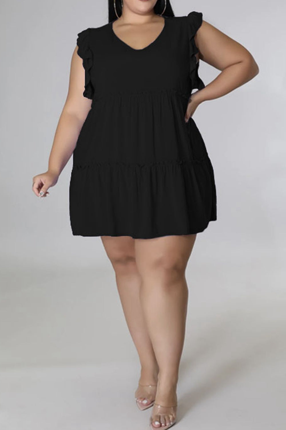 Plus Size V-Neck Frill Trim Mini Dress-Jewearrings