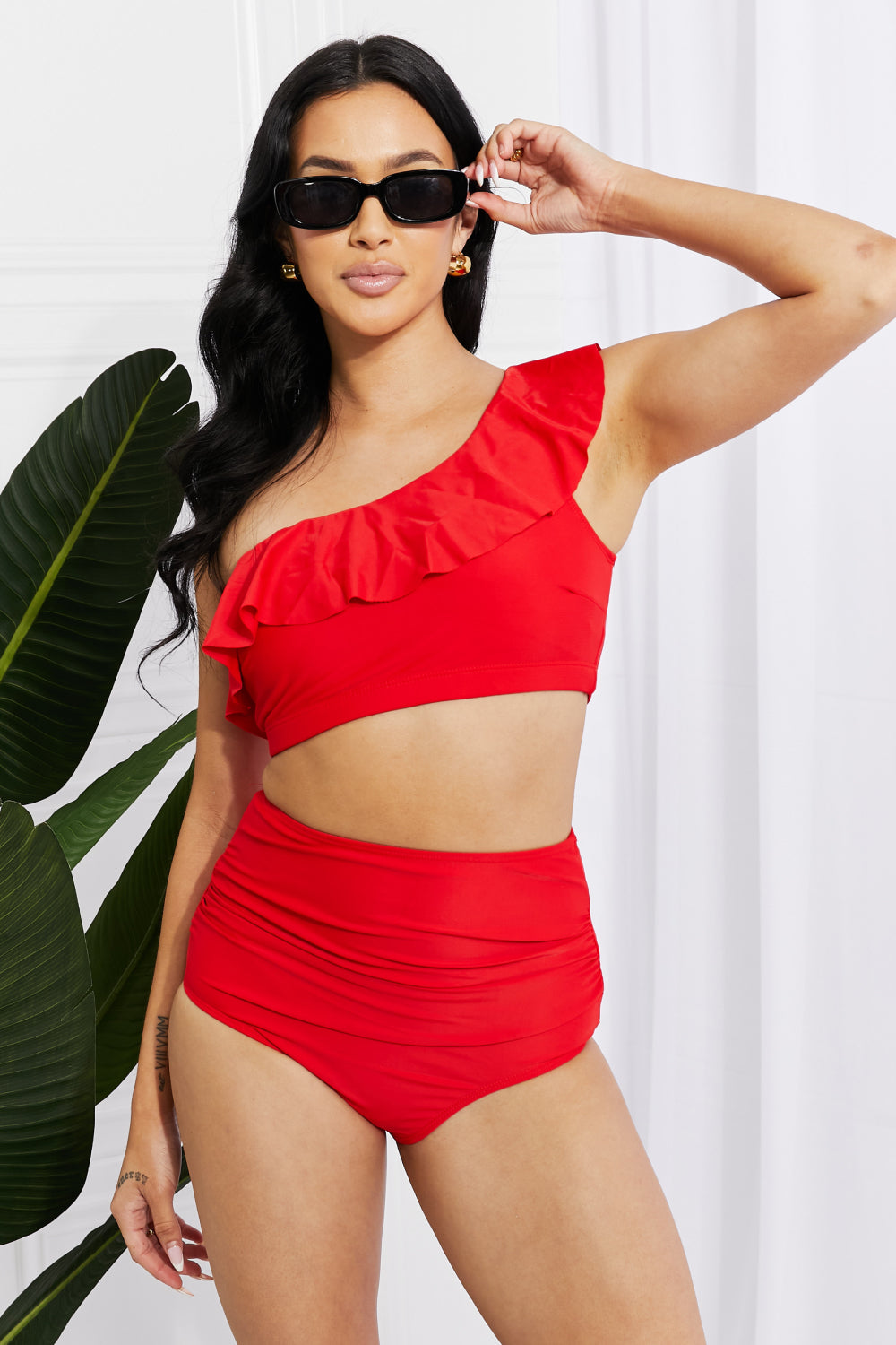 Marina West Swim Seaside Romance Ruffle One-Shoulder Bikini in Red-Jewearrings