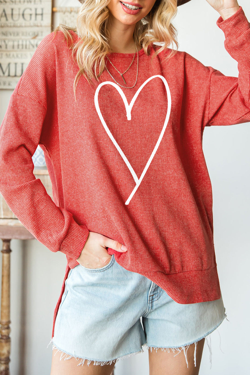 Slit Waffle-Knit Boat Neck Long Sleeve Sweatshirt-Jewearrings