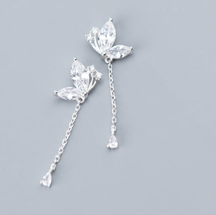 Sterling Silver Chain Tassel Zircon Butterfly Suitable For Fashionable Ladies Exquisite Earrings-Jewearrings