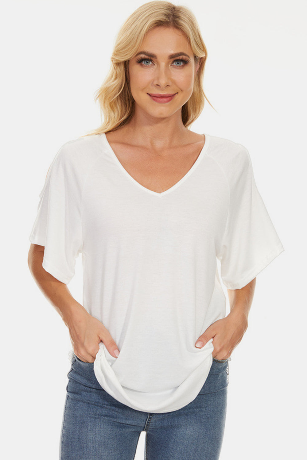 Cutout V-Neck Short Sleeve T-Shirt-Jewearrings