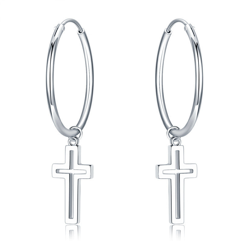 Women's Sterling Silver Ring Cross Earrings-Jewearrings