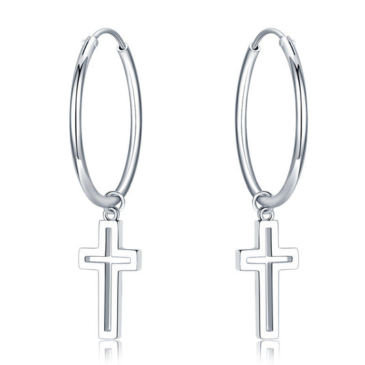 Women's Sterling Silver Ring Cross Earrings-Jewearrings