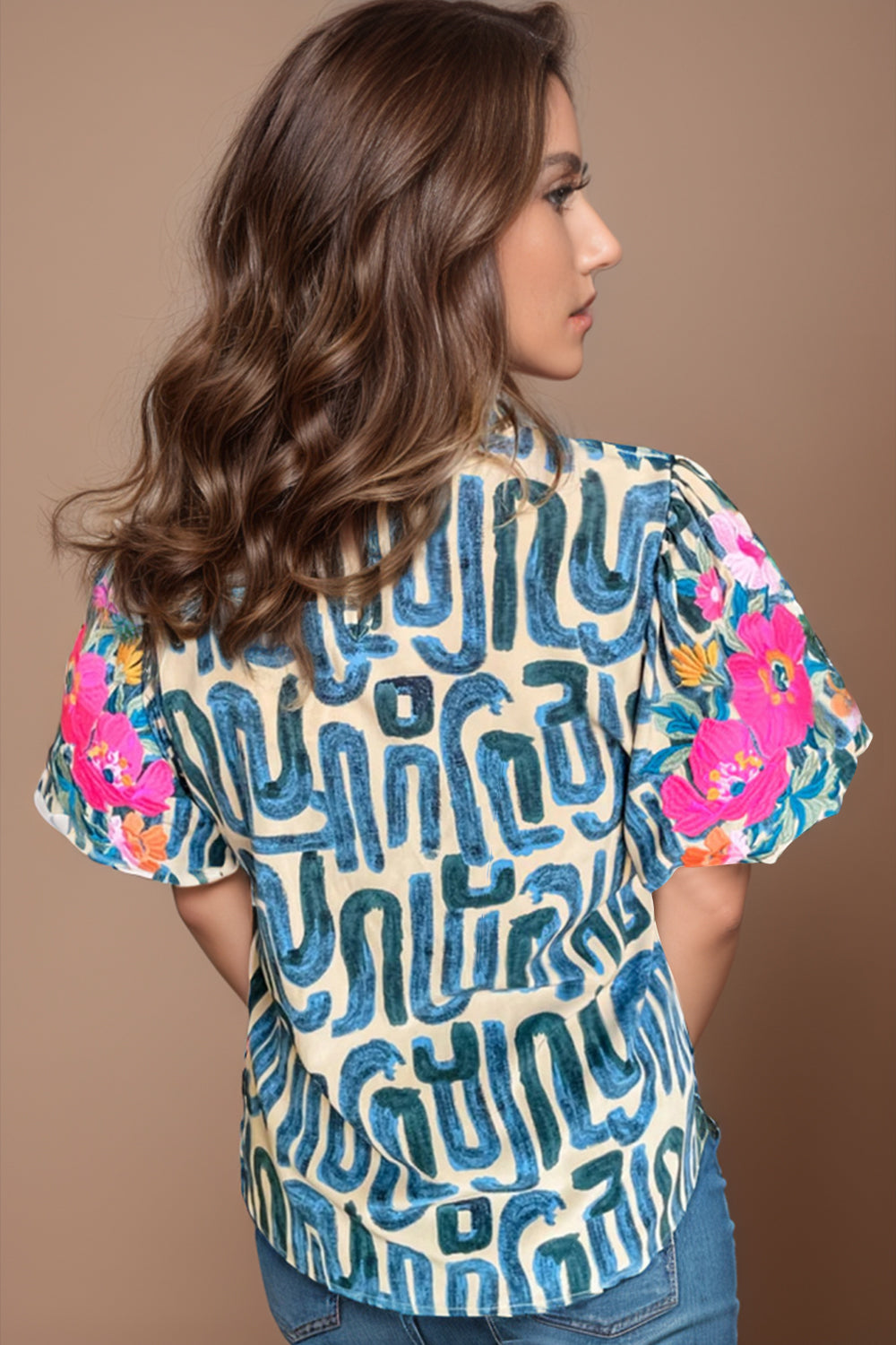 Plus Size Printed Mock Neck Short Sleeve Blouse-Jewearrings