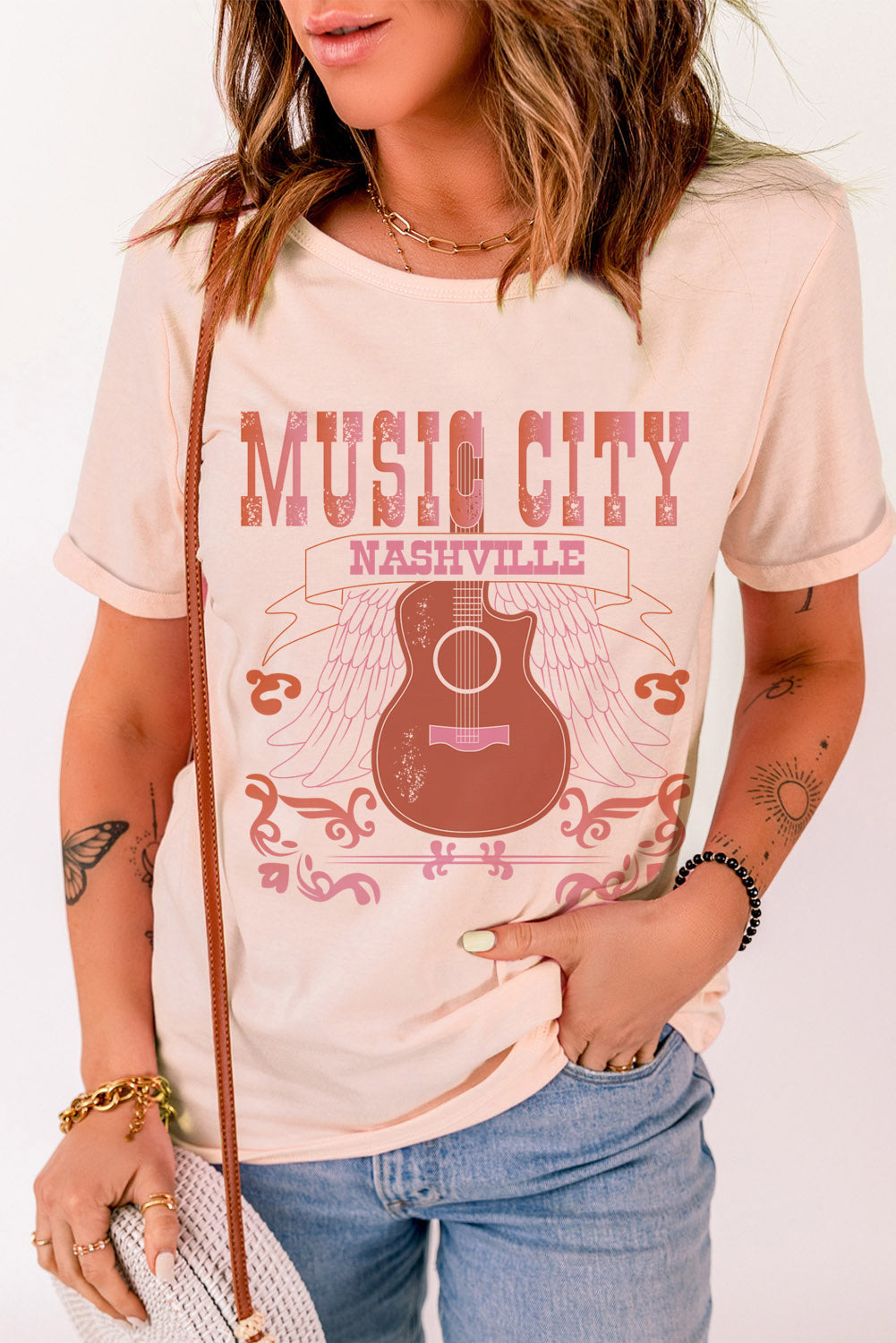 MUSIC CITY Cuffed Short Sleeve Tee-Jewearrings