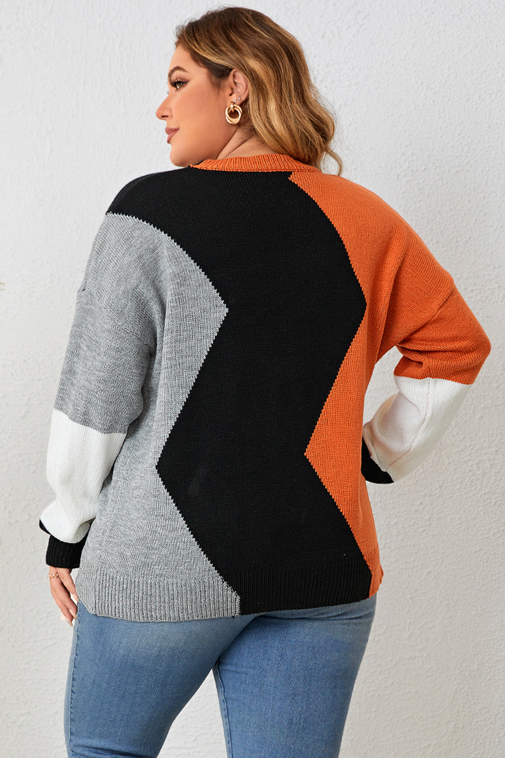 Plus Size Color Block Round Neck Knit Top-Jewearrings