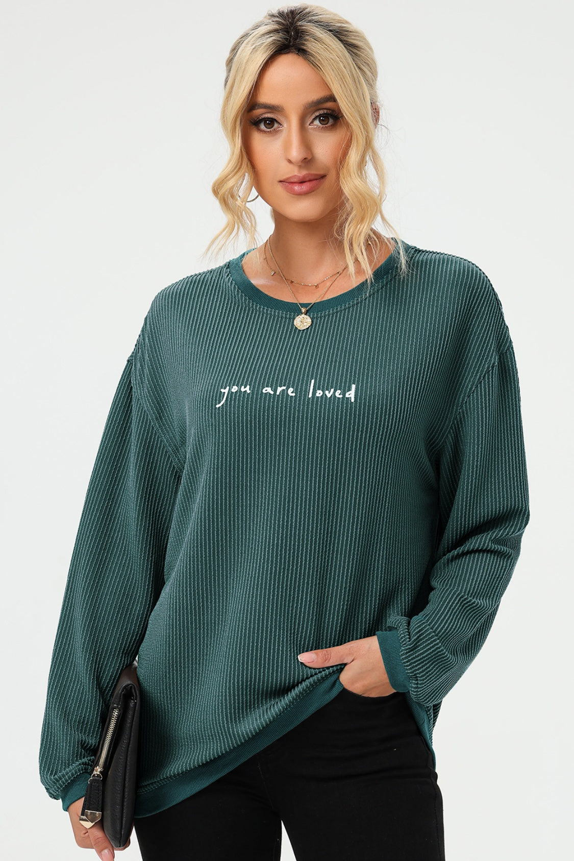 YOU ARE LOVED Graphic Dropped Shoulder Corduroy Sweatshirt-Jewearrings