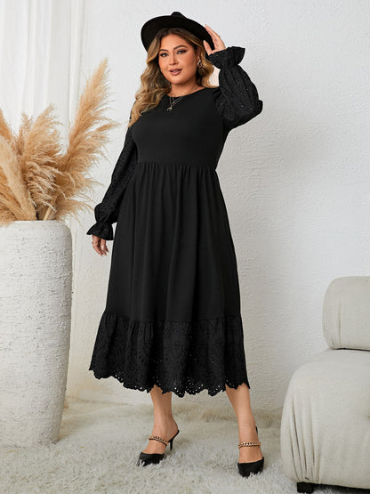 Plus Size Flounce Sleeve Lace Detail Dress-Jewearrings