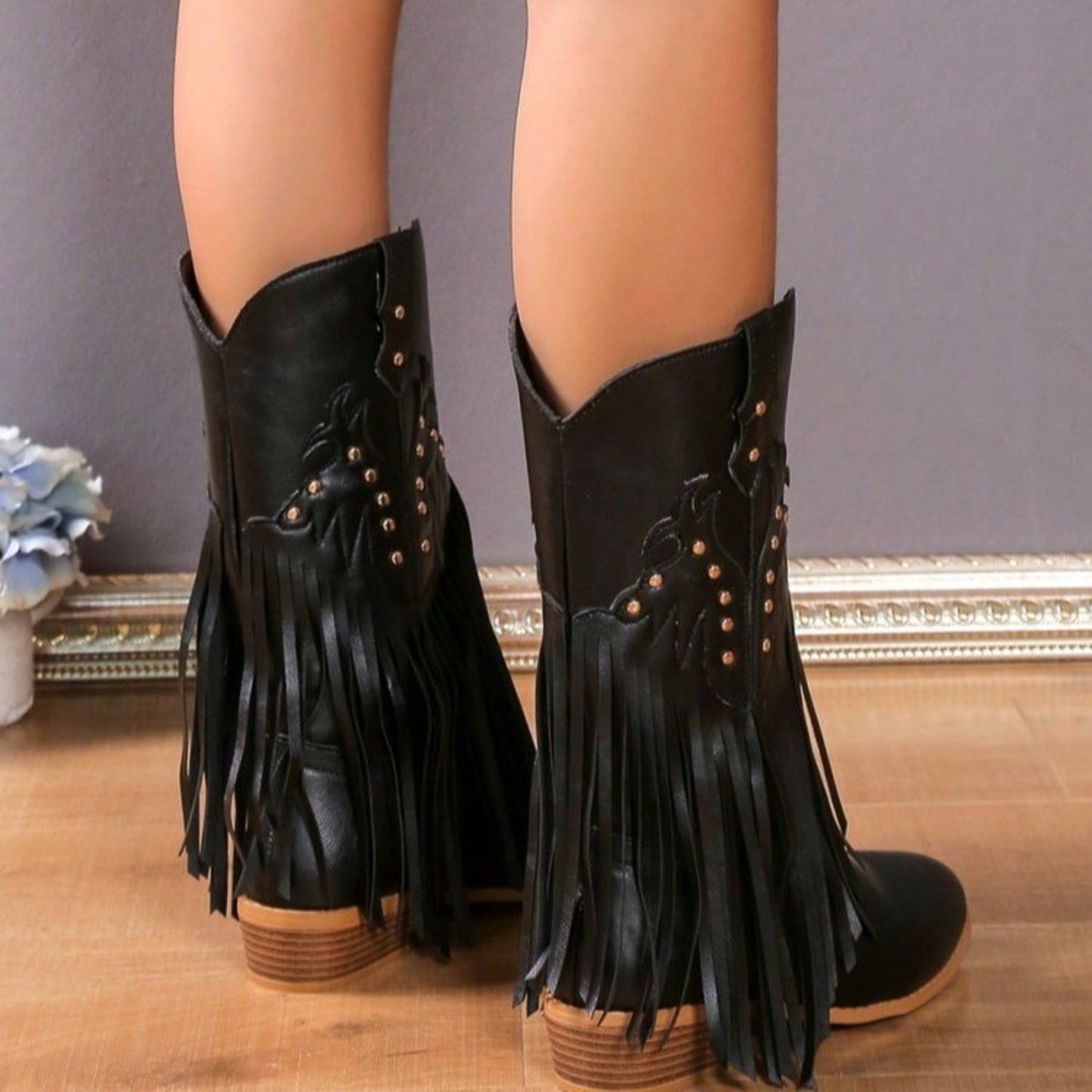 Studded Fringe PU Leather Boots-Jewearrings