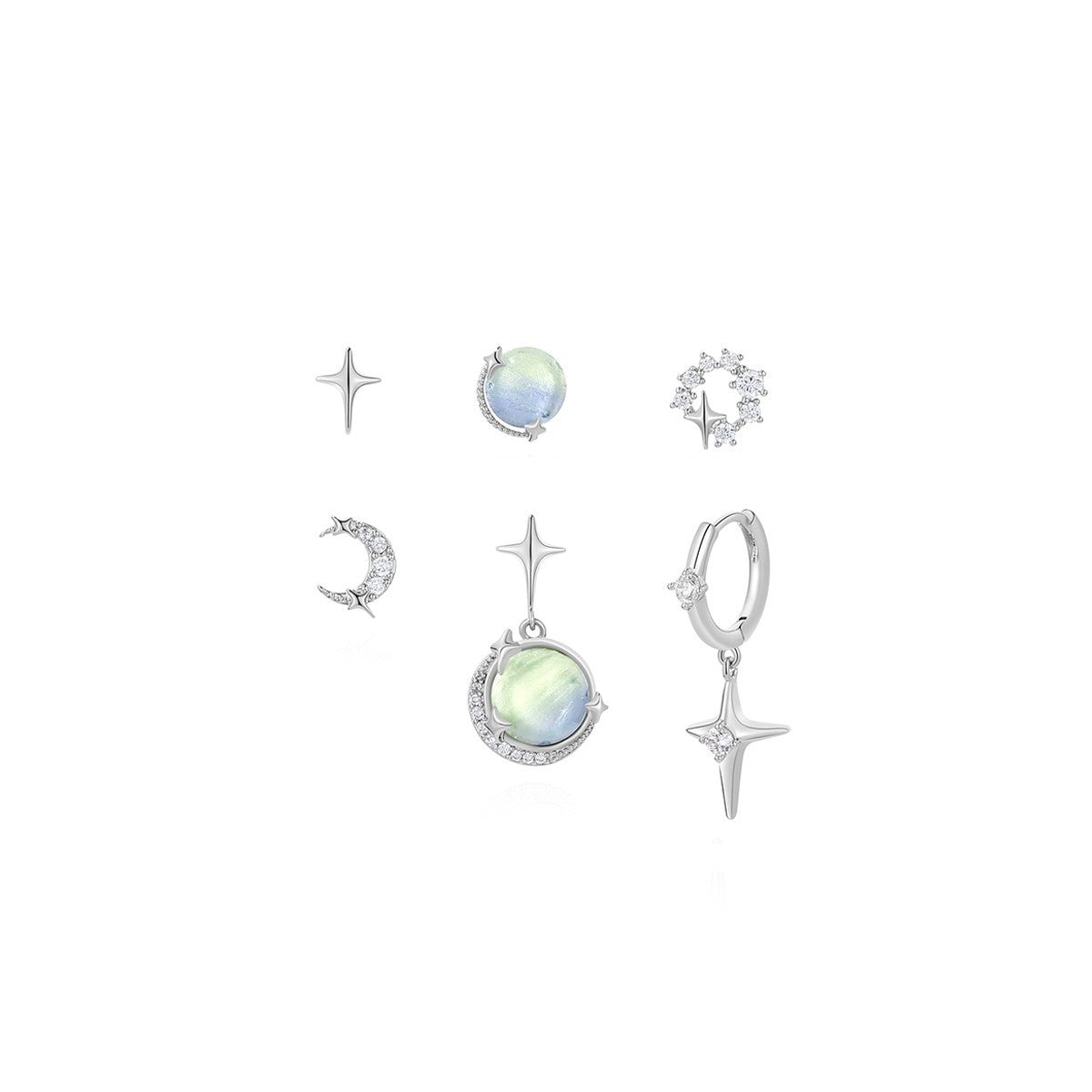 Star Moon Zircon Silver Needle Six-piece Earrings-Jewearrings