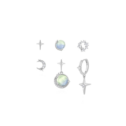 Star Moon Zircon Silver Needle Six-piece Earrings-Jewearrings