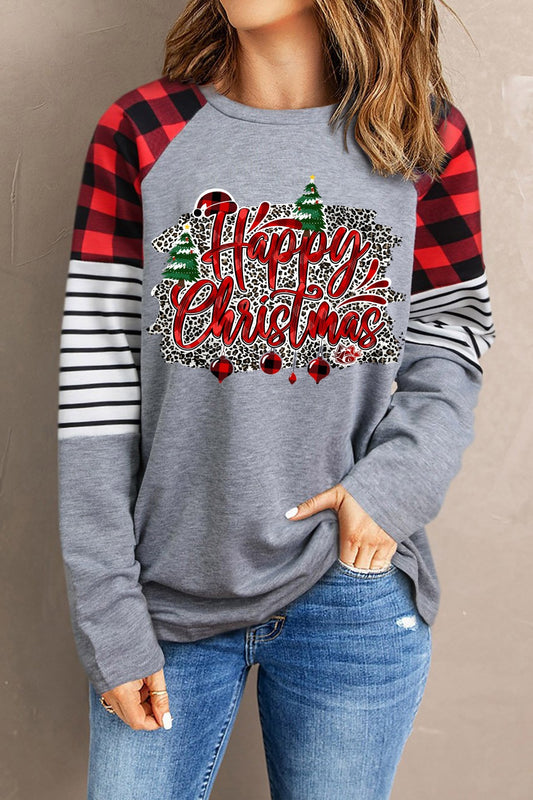 HAPPY CHRISTMAS Striped Long Sleeve T-Shirt-Jewearrings