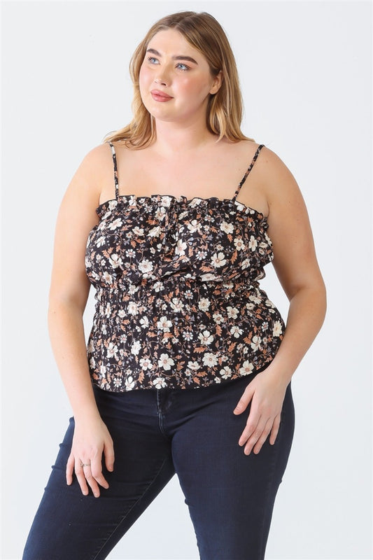 Zenobia Plus Size Frill Floral Square Neck Cami-Jewearrings