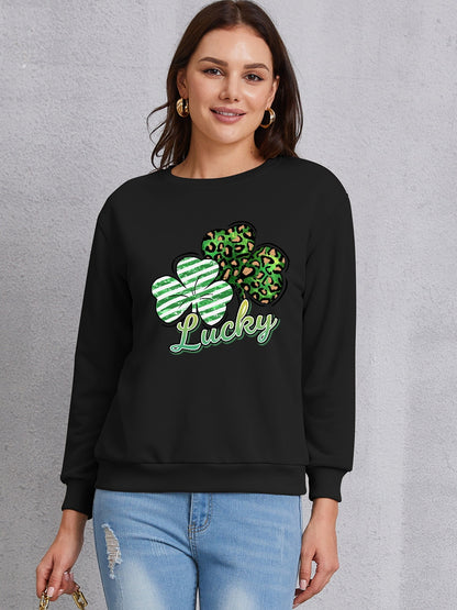 Lucky Clover Round Neck Dropped Shoulder Sweatshirt-Jewearrings