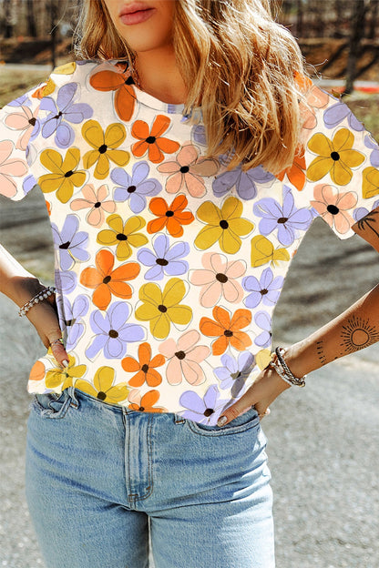 Printed Round Neck Short Sleeve T-Shirt-Jewearrings