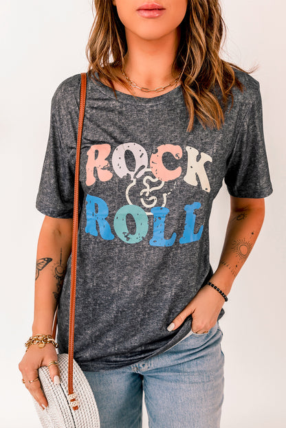 ROCK & ROLL Graphic Round Neck Short Sleeve Tee-Jewearrings