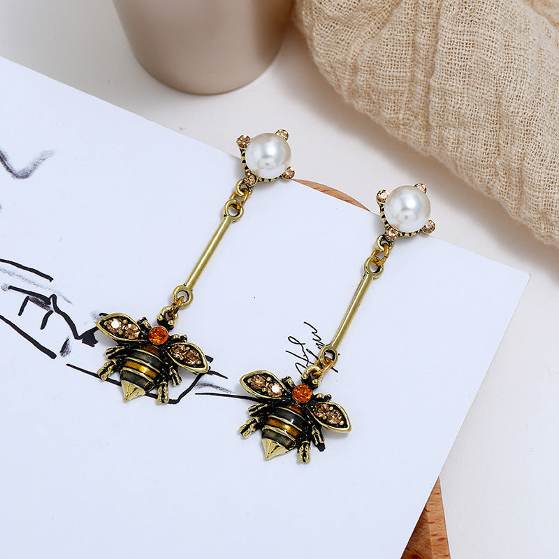 Little bee tassel earrings personality insect pearl long earrings earrings-Jewearrings