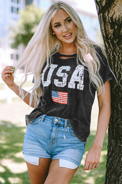 USA Cutout Round Neck Short Sleeve T-Shirt-Jewearrings