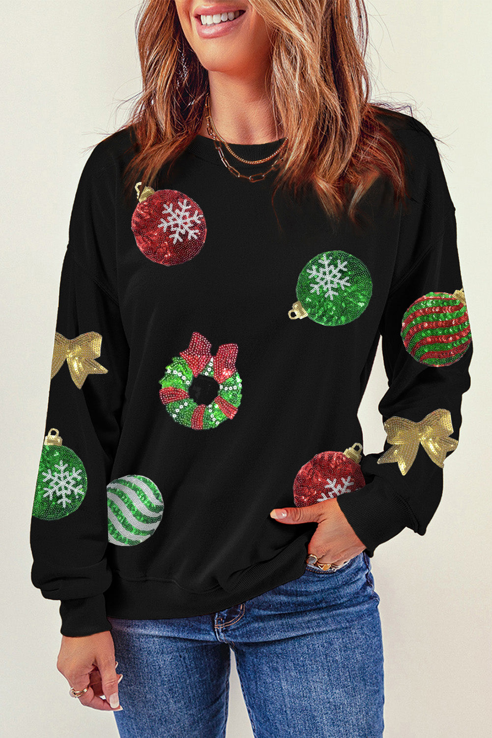 Sequin Patch Christmas Element Sweatshirt-Jewearrings