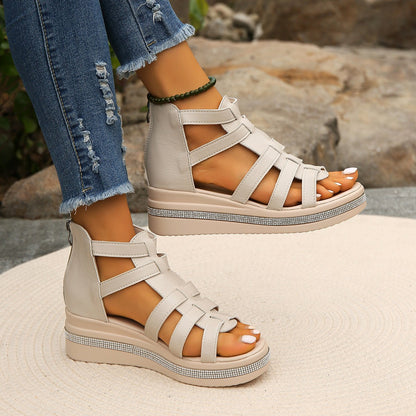 Cutout Rhinestone Trim Wedge Sandals-Jewearrings