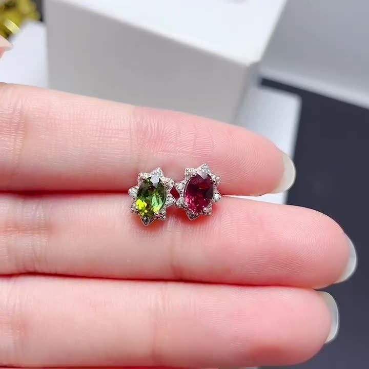 Natural Tourmaline Stud Earrings 925 Silver Delicate Mosaic Women Colored Gems-Jewearrings