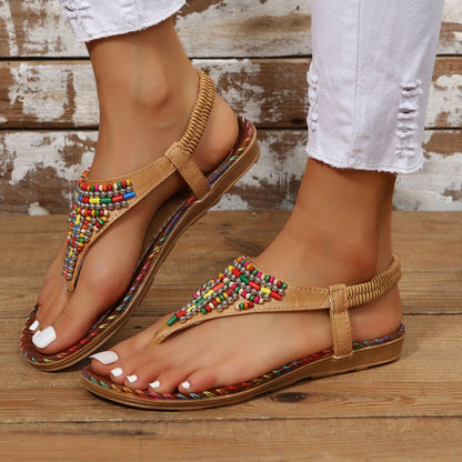 Beaded PU Leather Open Toe Sandals-Jewearrings