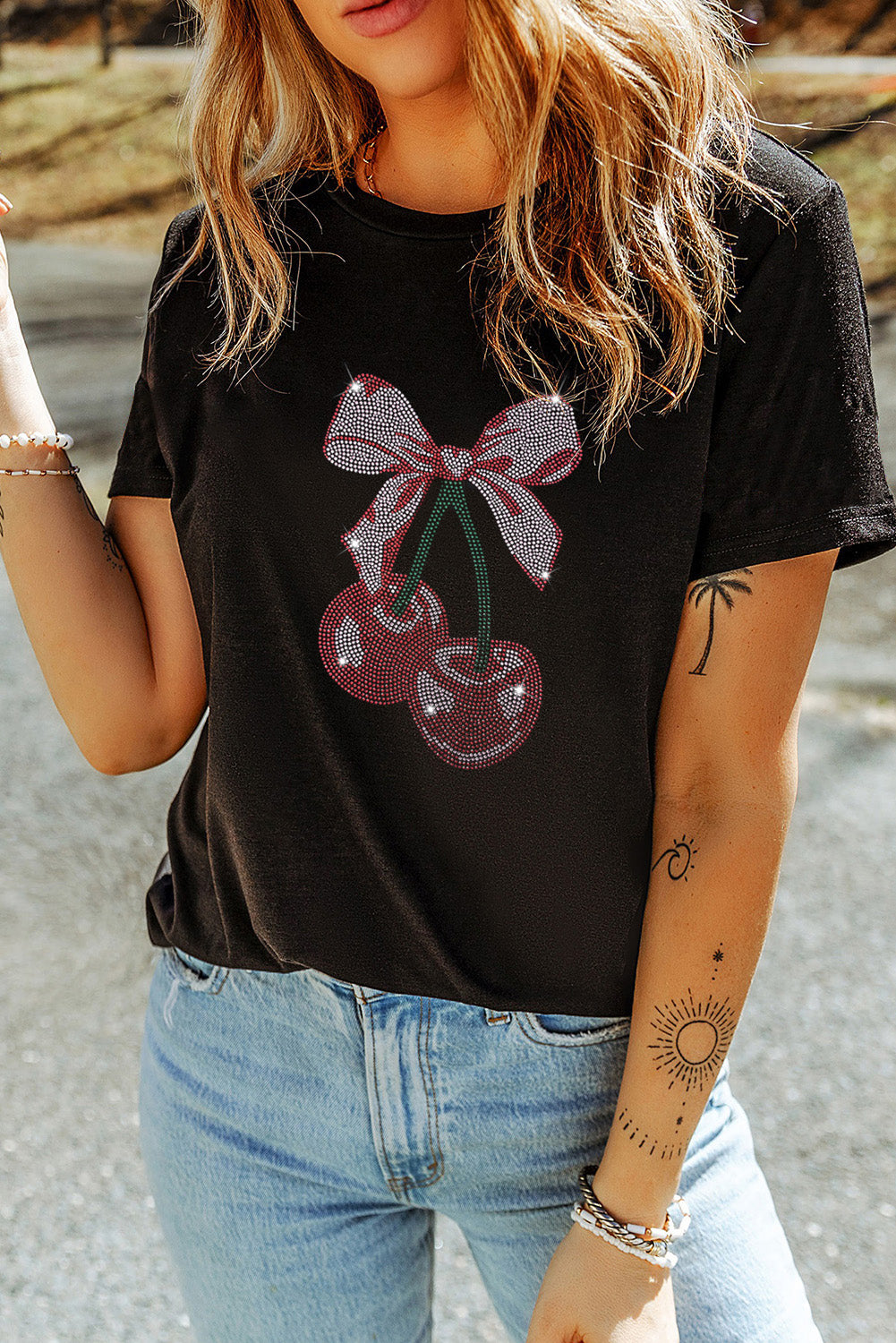 Cherry Graphic Round Neck Short Sleeve T-Shirt-Jewearrings