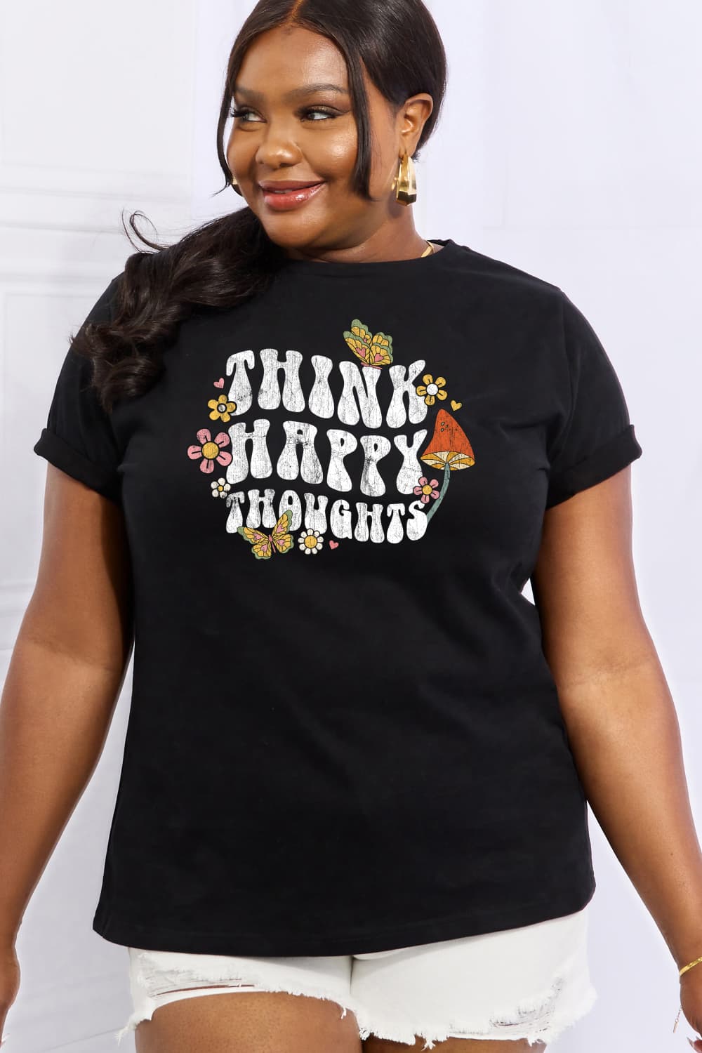 Simply Love Full Size THINK HAPPY THOUGHTS Graphic Cotton Tee-Jewearrings