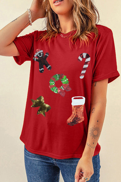 Sequin Christmas Element Short Sleeve T-Shirt-Jewearrings