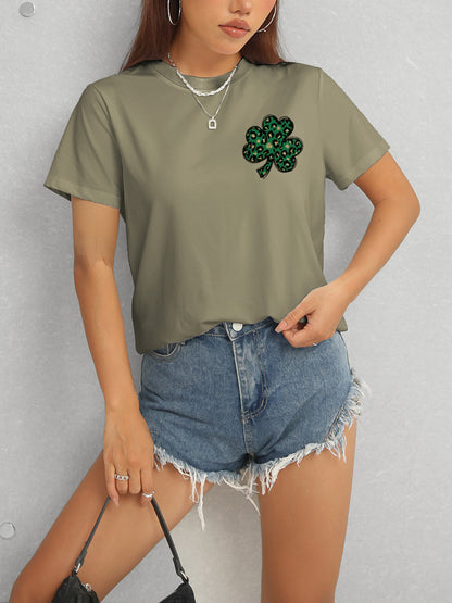 Lucky Clover Round Neck Short Sleeve T-Shirt-Jewearrings