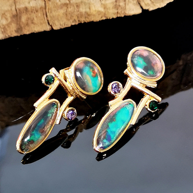 Vintage Gold Color Moonstone Opal Earrings Ladies Luxury Purple Green Crystal Personality-Jewearrings