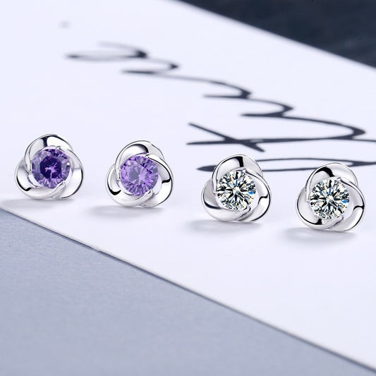 S925 Sterling Silver Fashion Clover Zircon Stud Earrings-Jewearrings