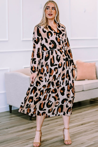 Plus Size Leopard Print Surplice Neck Long Sleeve Midi Dress-Jewearrings