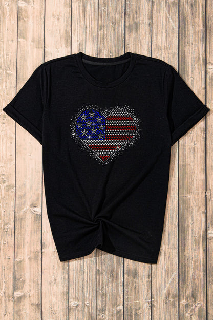 Rhinestone Heart Round Neck Short Sleeve T-Shirt-Jewearrings