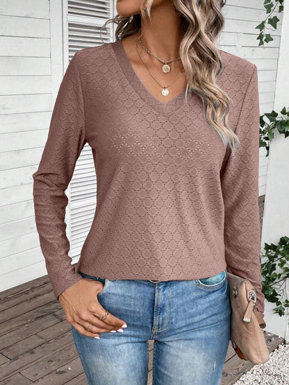 Eyelet V-Neck Long Sleeve T-Shirt-Jewearrings