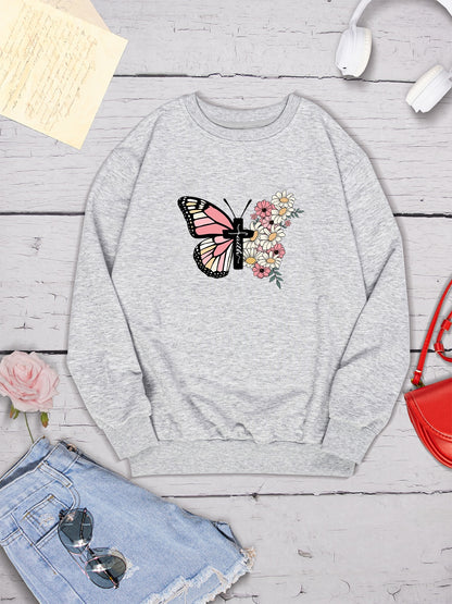 Butterfly Round Neck Dropped Shoulder Sweatshirt-Jewearrings