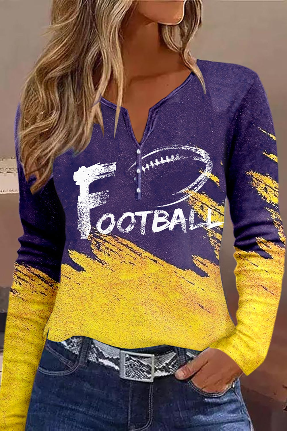 FOOTBALL Graphic Notched Neck Long Sleeve T-Shirt-Jewearrings