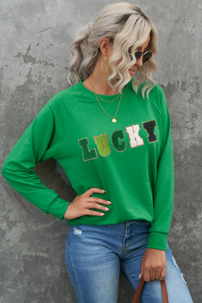 LUCKY Round Neck Raglan Sleeve Sweatshirt-Jewearrings