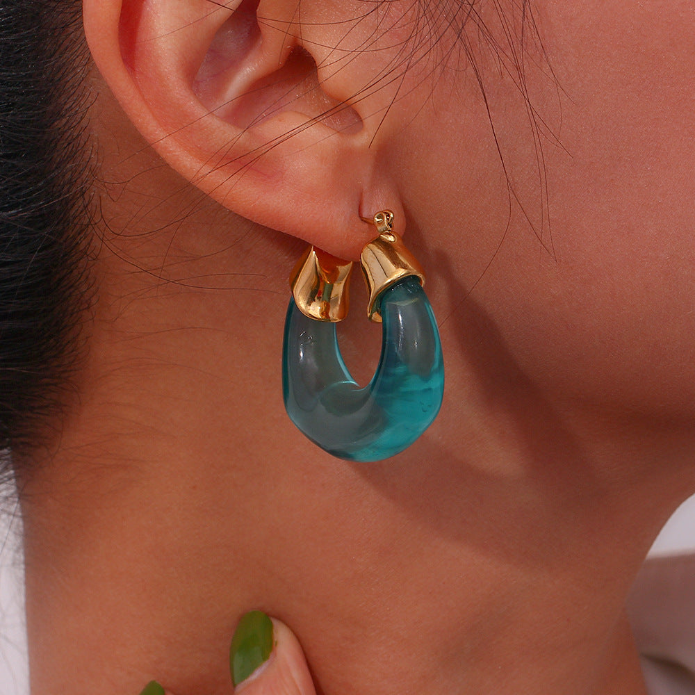 Retro Stainless Steel Exaggerated Acrylic Green U-shaped Earrings-Jewearrings