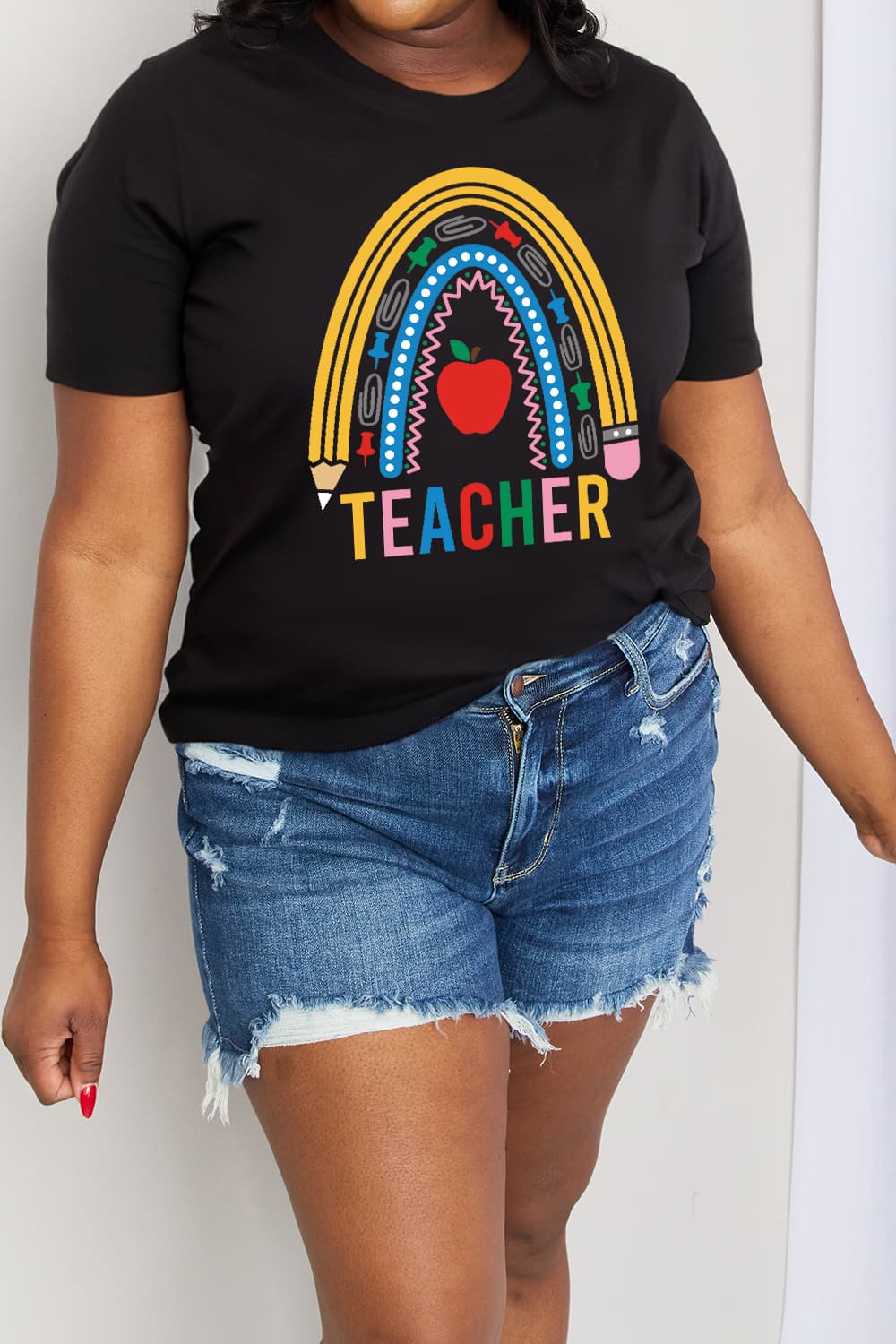 Simply Love Full Size TEACHER Rainbow Graphic Cotton Tee-Jewearrings