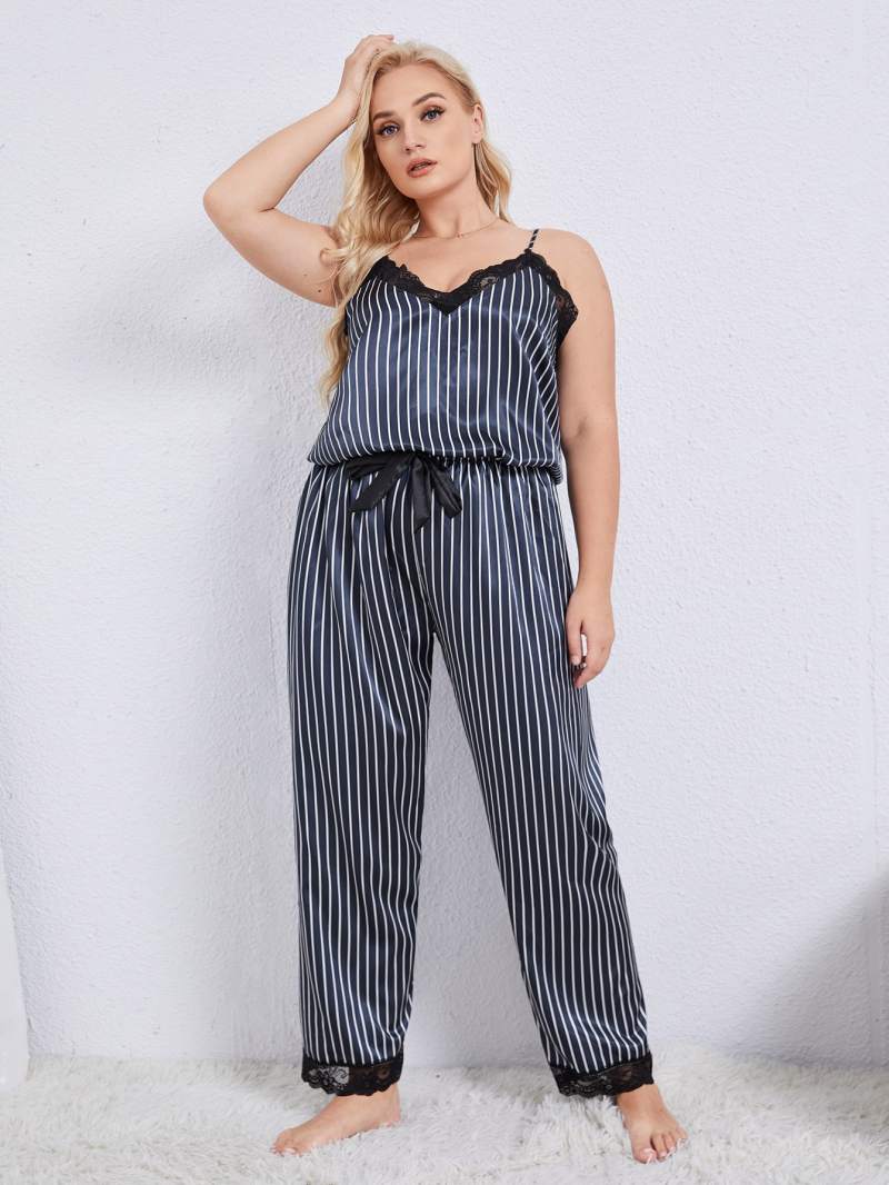 Plus Size Vertical Stripe Lace Trim Cami and Pants Pajama Set-Jewearrings