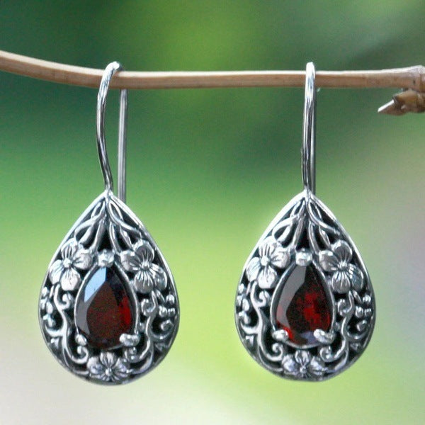 Water Drop Pear Shaped Vintage Earrings Silver Carved Ruby-Jewearrings