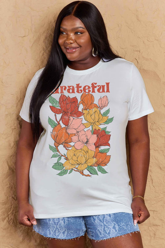 Simply Love Full Size GRATEFUL Flower Graphic Cotton T-Shirt-Jewearrings