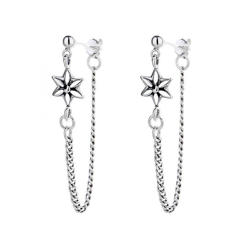 Sterling Silver Vintage Cross Chain Six-pointed Star Element Stud Earrings-Jewearrings