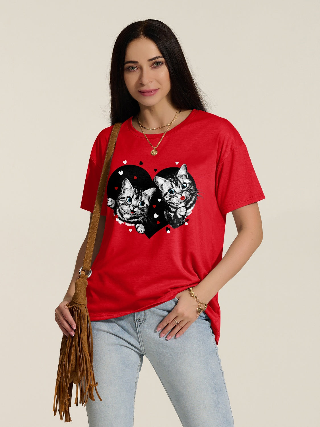 Cat Round Neck Dropped Shoulder T-Shirt-Jewearrings